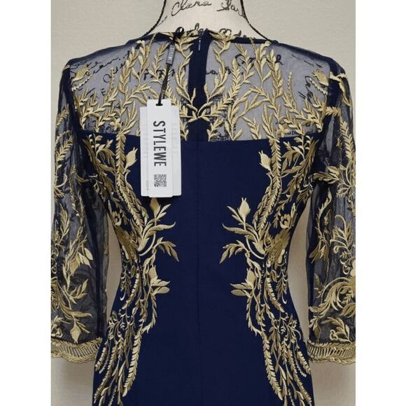 💙 NWT Blue Gold Floral Embroidered ¾ Mesh Sleeves Formal Sheath Dress SIZE 6 - Picture 13 of 15